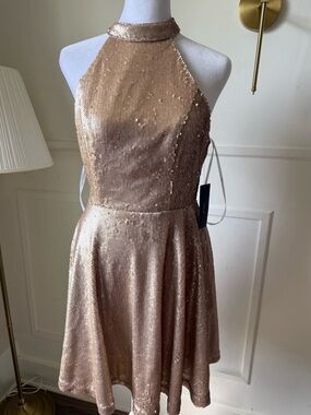 Lulu's Rose Gold Sequin Halter Mini Dress